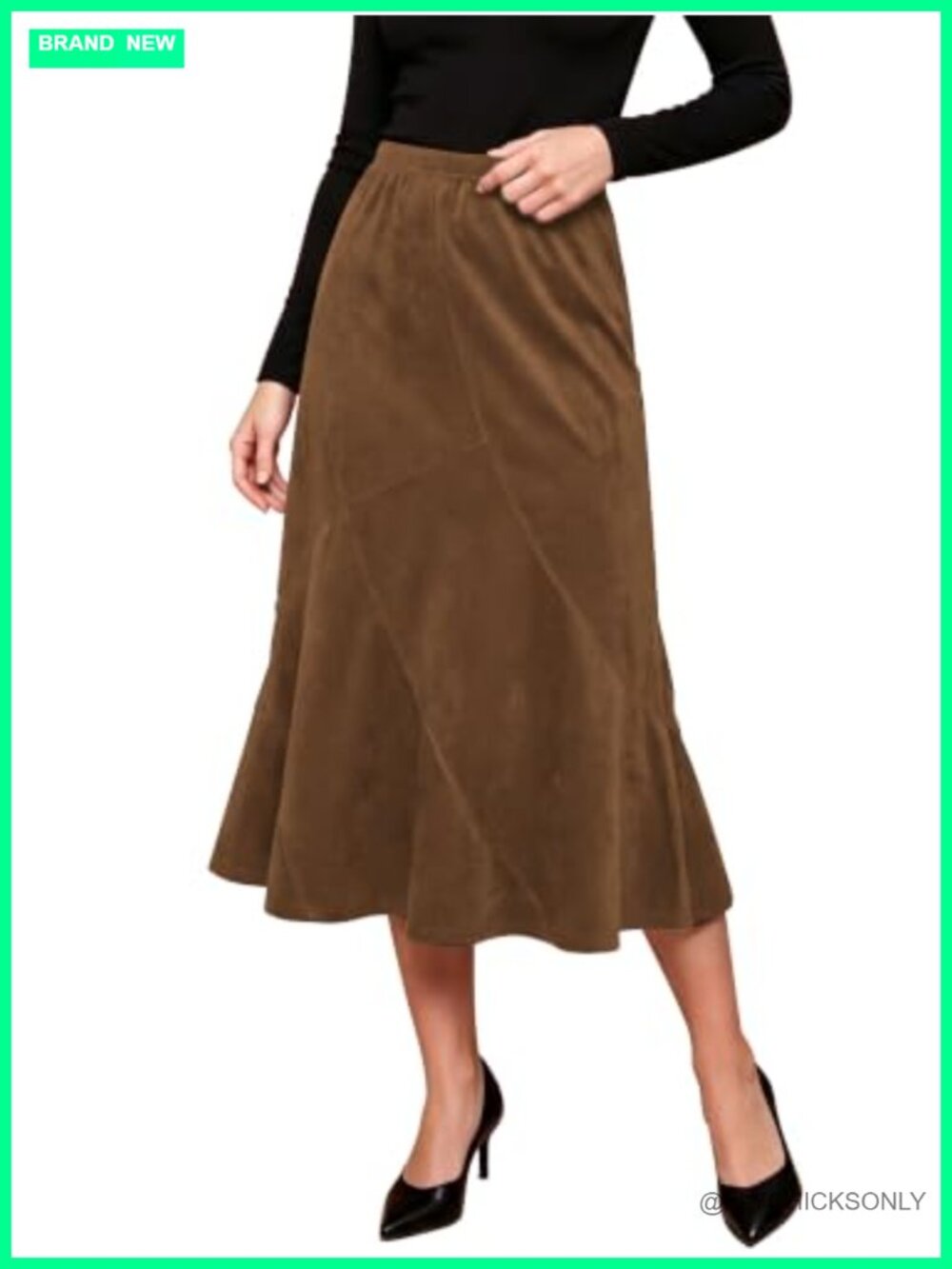Faux Suede Midi Skirt High Waist A-Line Flowy Elastic Waist